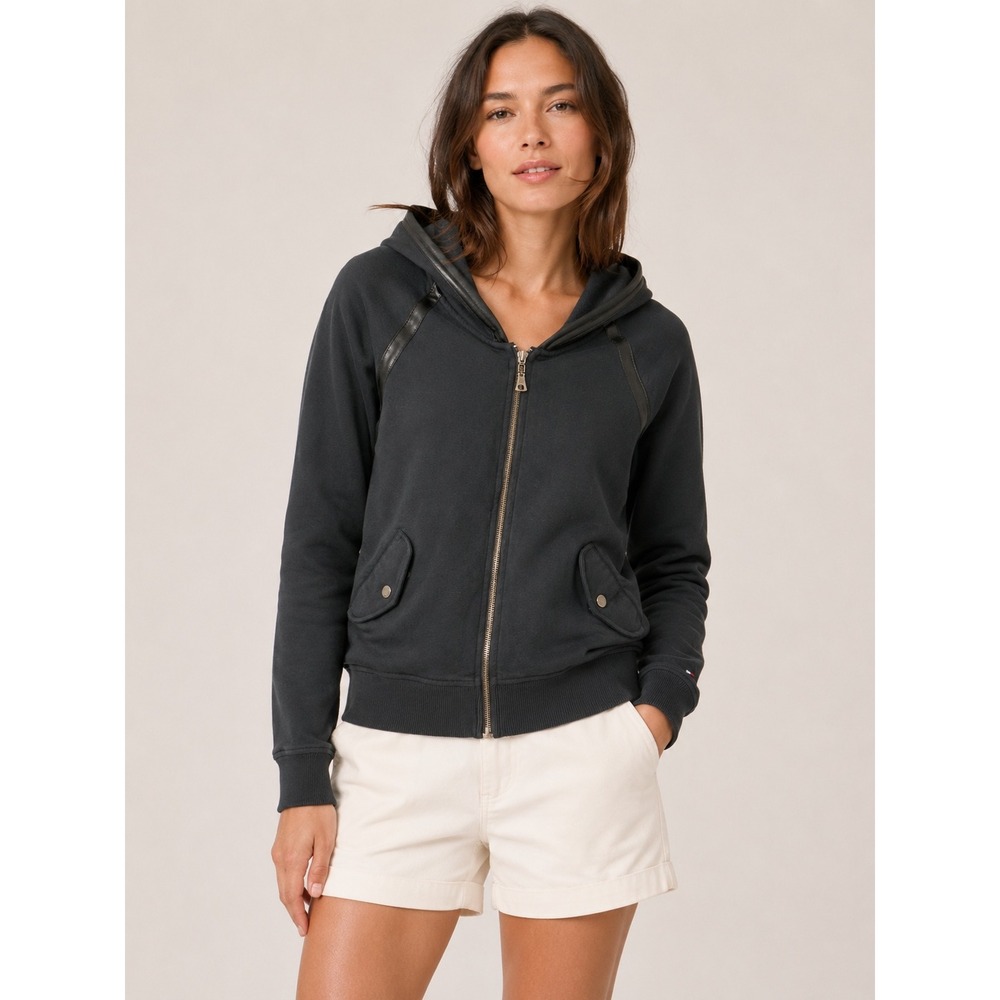 Tommy Hilfiger Women Zip Up Hoodie Size M Black Vintage Satin Trim Sporty Y2K
